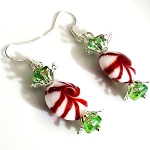 Glass lampwork candy peppermint earrings swavorski crystal 925 sterling silver